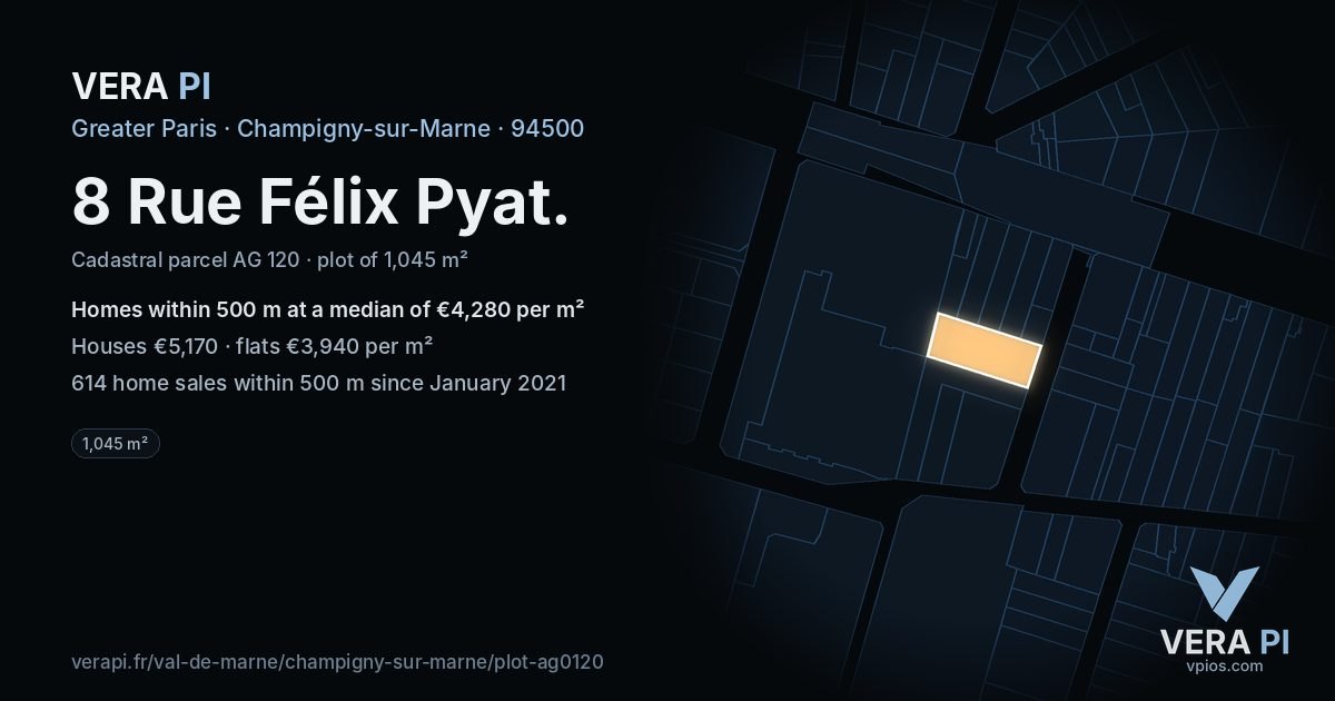 8 Rue Félix Pyat, Champigny-sur-Marne at night – the plot lit, the parcels around coloured by the prices near them