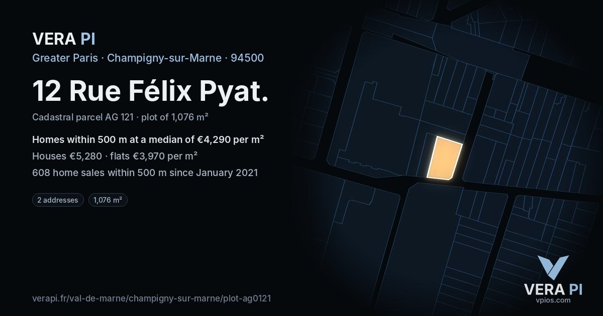 12 Rue Félix Pyat, Champigny-sur-Marne at night – the plot lit, the parcels around coloured by the prices near them