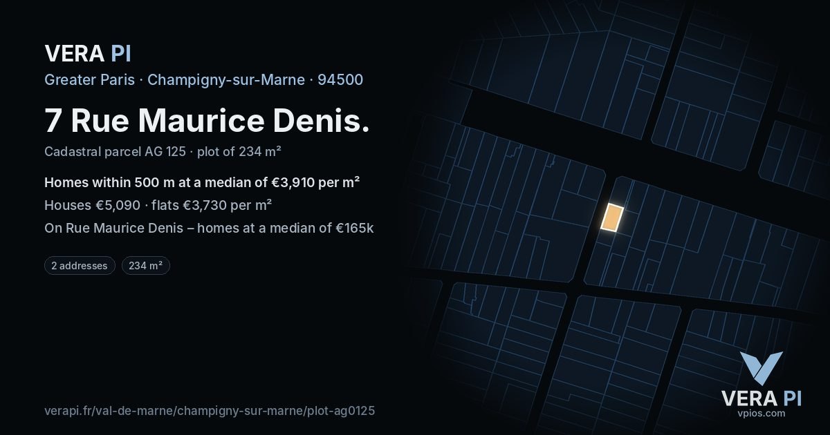 7 Rue Maurice Denis, Champigny-sur-Marne at night – the plot lit, the parcels around coloured by the prices near them