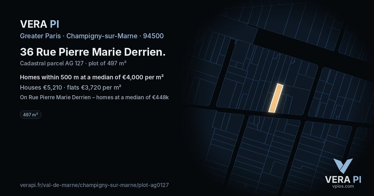 36 Rue Pierre Marie Derrien, Champigny-sur-Marne at night – the plot lit, the parcels around coloured by the prices near them