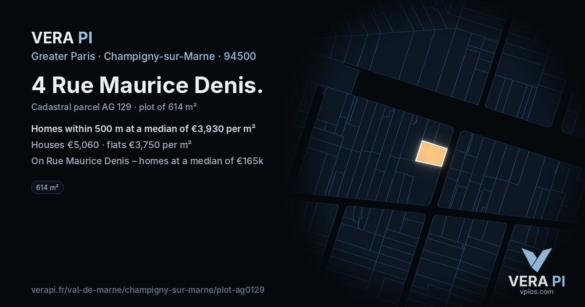 4 Rue Maurice Denis, Champigny-sur-Marne at night – the plot lit, the parcels around coloured by the prices near them