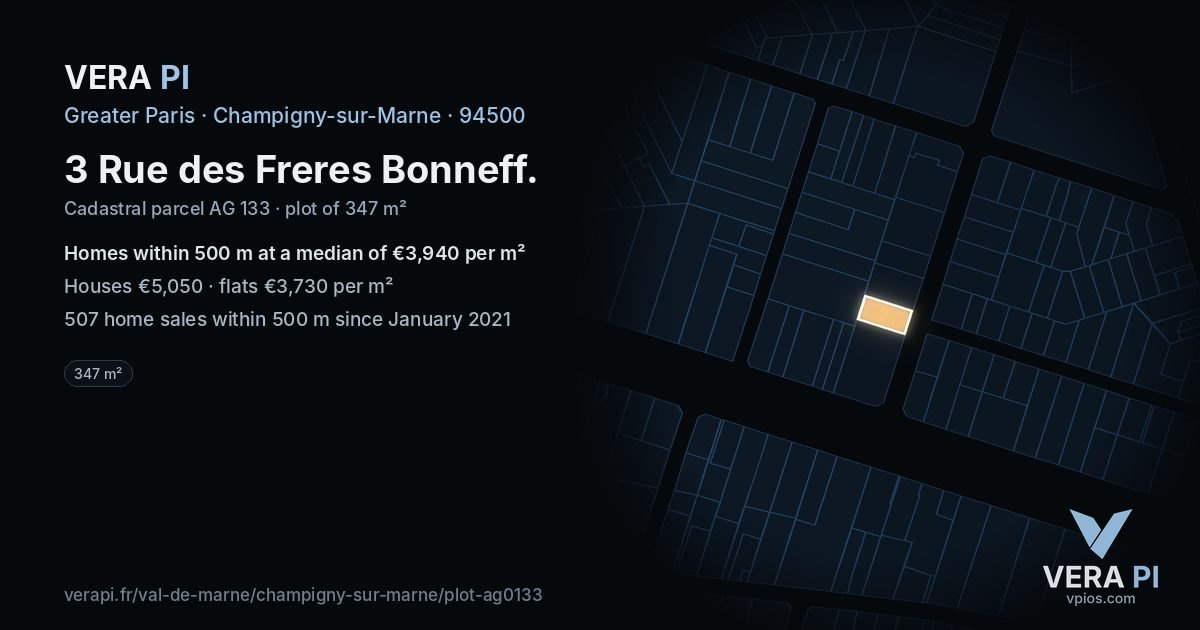 3 Rue des Freres Bonneff, Champigny-sur-Marne at night – the plot lit, the parcels around coloured by the prices near them