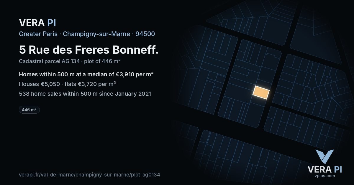 5 Rue des Freres Bonneff, Champigny-sur-Marne at night – the plot lit, the parcels around coloured by the prices near them