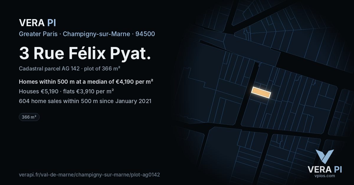 3 Rue Félix Pyat, Champigny-sur-Marne at night – the plot lit, the parcels around coloured by the prices near them