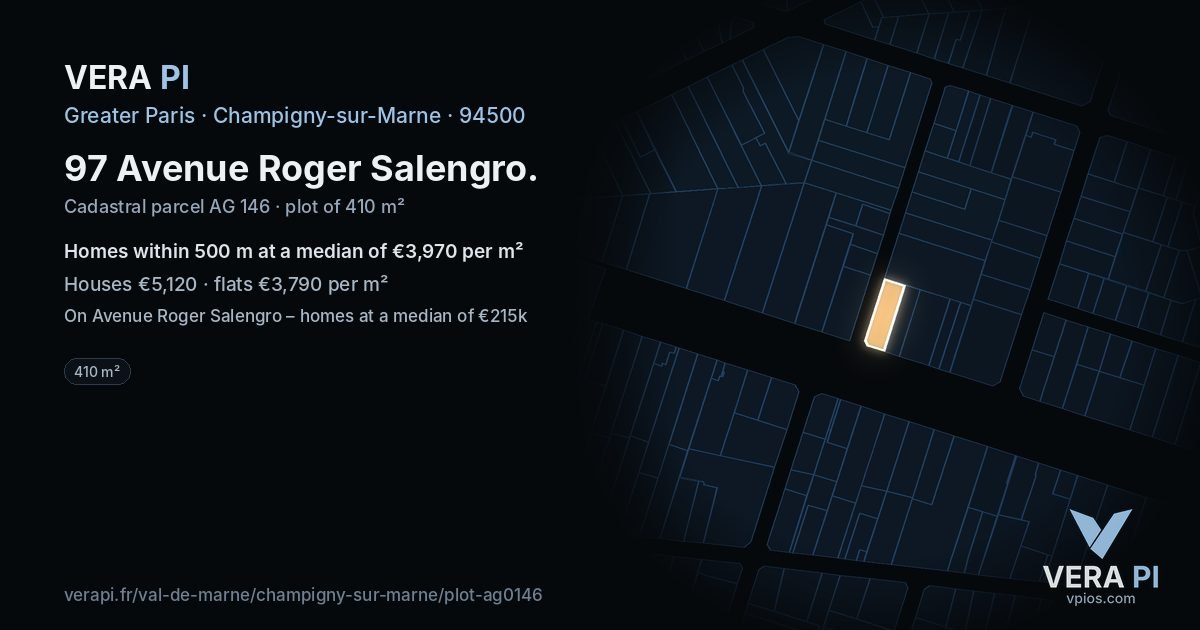 97 Avenue Roger Salengro, Champigny-sur-Marne at night – the plot lit, the parcels around coloured by the prices near them