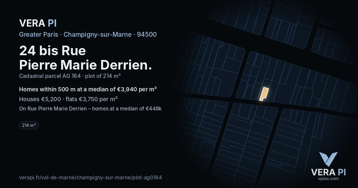 24 bis Rue Pierre Marie Derrien, Champigny-sur-Marne at night – the plot lit, the parcels around coloured by the prices near them