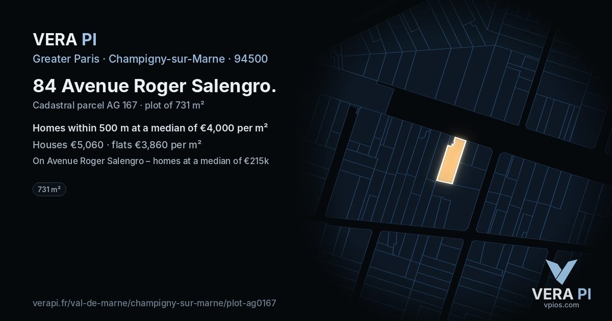 84 Avenue Roger Salengro, Champigny-sur-Marne at night – the plot lit, the parcels around coloured by the prices near them