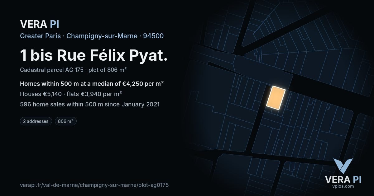 1 bis Rue Félix Pyat, Champigny-sur-Marne at night – the plot lit, the parcels around coloured by the prices near them