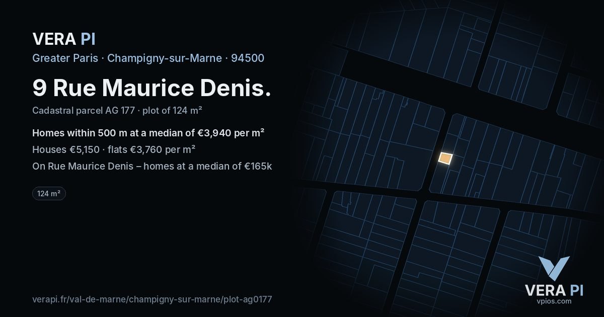 9 Rue Maurice Denis, Champigny-sur-Marne at night – the plot lit, the parcels around coloured by the prices near them