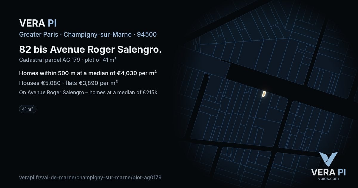 82 bis Avenue Roger Salengro, Champigny-sur-Marne at night – the plot lit, the parcels around coloured by the prices near them
