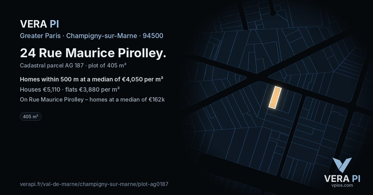 24 Rue Maurice Pirolley, Champigny-sur-Marne at night – the plot lit, the parcels around coloured by the prices near them