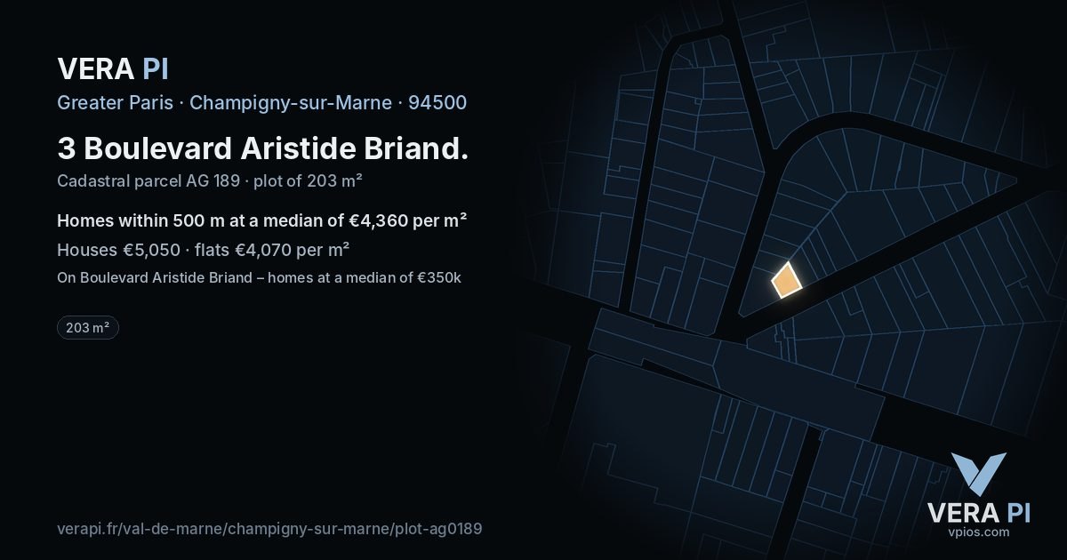 3 Boulevard Aristide Briand, Champigny-sur-Marne at night – the plot lit, the parcels around coloured by the prices near them