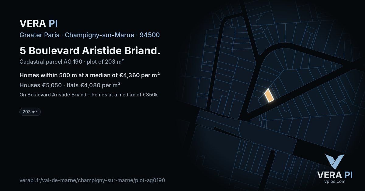 5 Boulevard Aristide Briand, Champigny-sur-Marne at night – the plot lit, the parcels around coloured by the prices near them