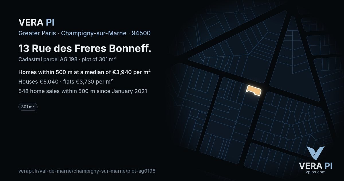 13 Rue des Freres Bonneff, Champigny-sur-Marne at night – the plot lit, the parcels around coloured by the prices near them