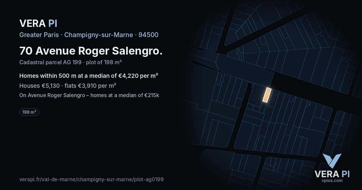 70 Avenue Roger Salengro, Champigny-sur-Marne at night – the plot lit, the parcels around coloured by the prices near them