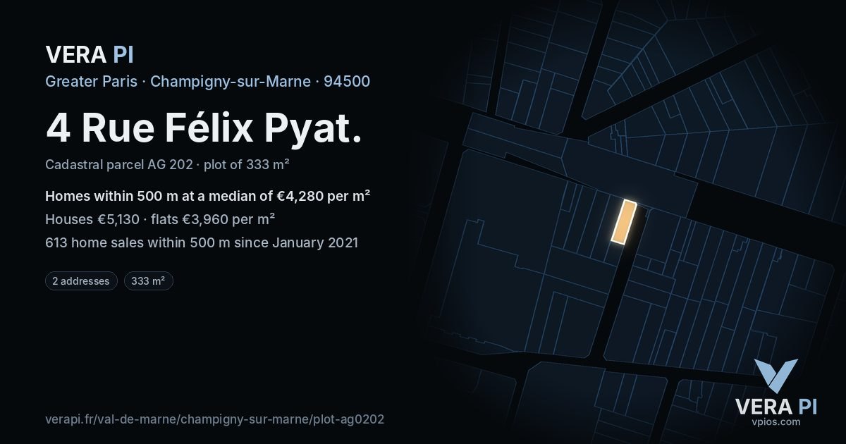 4 Rue Félix Pyat, Champigny-sur-Marne at night – the plot lit, the parcels around coloured by the prices near them