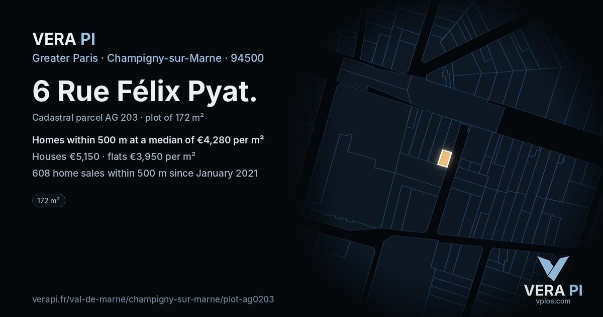 6 Rue Félix Pyat, Champigny-sur-Marne at night – the plot lit, the parcels around coloured by the prices near them