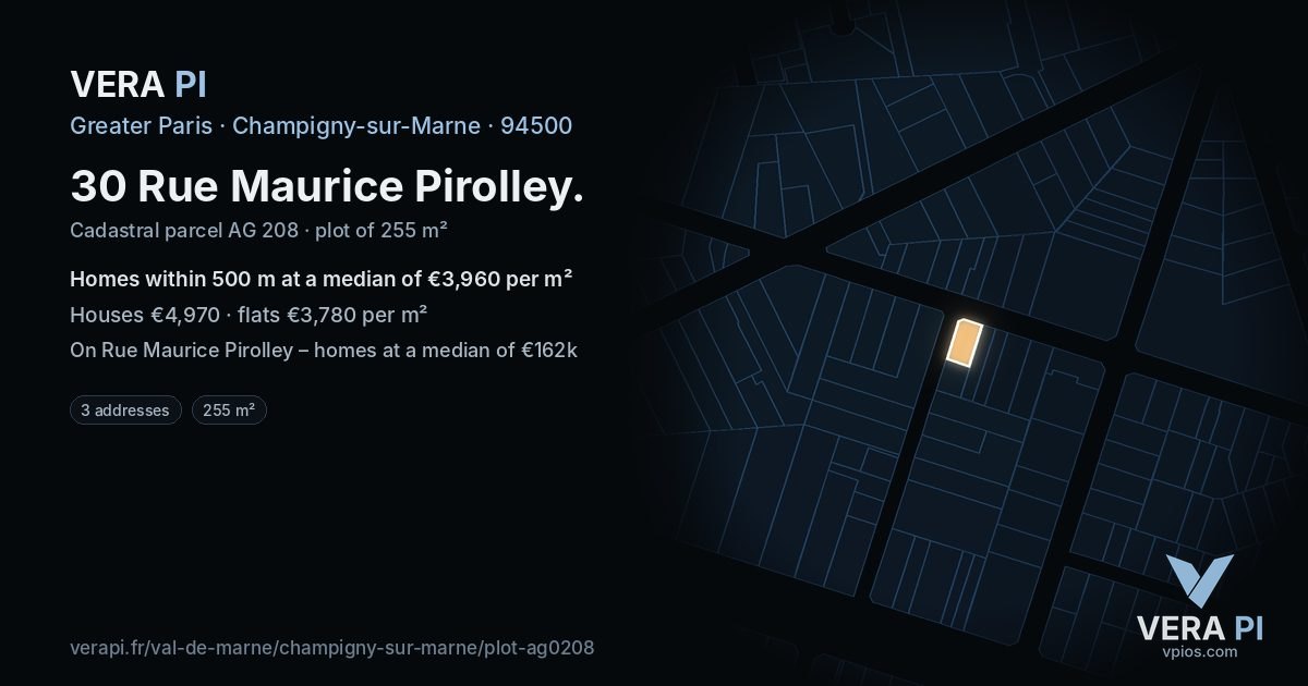 30 Rue Maurice Pirolley, Champigny-sur-Marne at night – the plot lit, the parcels around coloured by the prices near them
