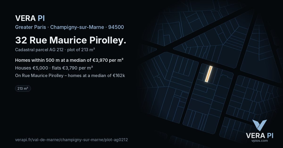 32 Rue Maurice Pirolley, Champigny-sur-Marne at night – the plot lit, the parcels around coloured by the prices near them