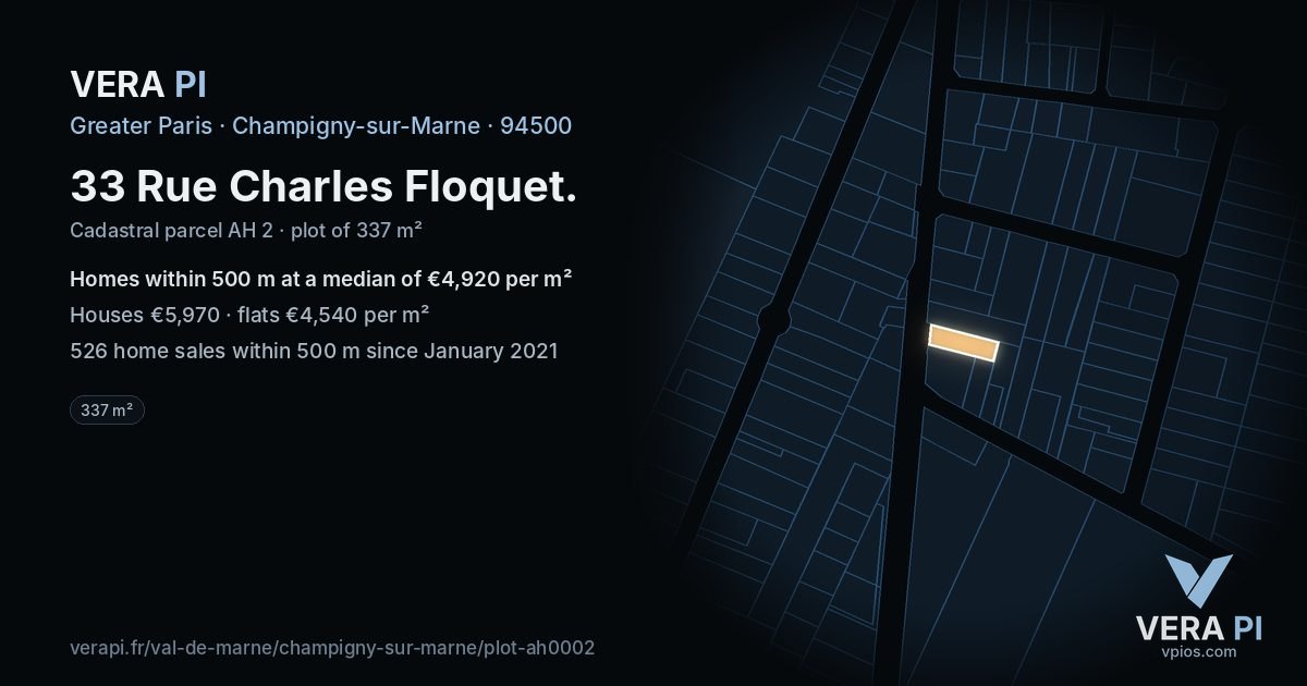 33 Rue Charles Floquet, Champigny-sur-Marne at night – the plot lit, the parcels around coloured by the prices near them