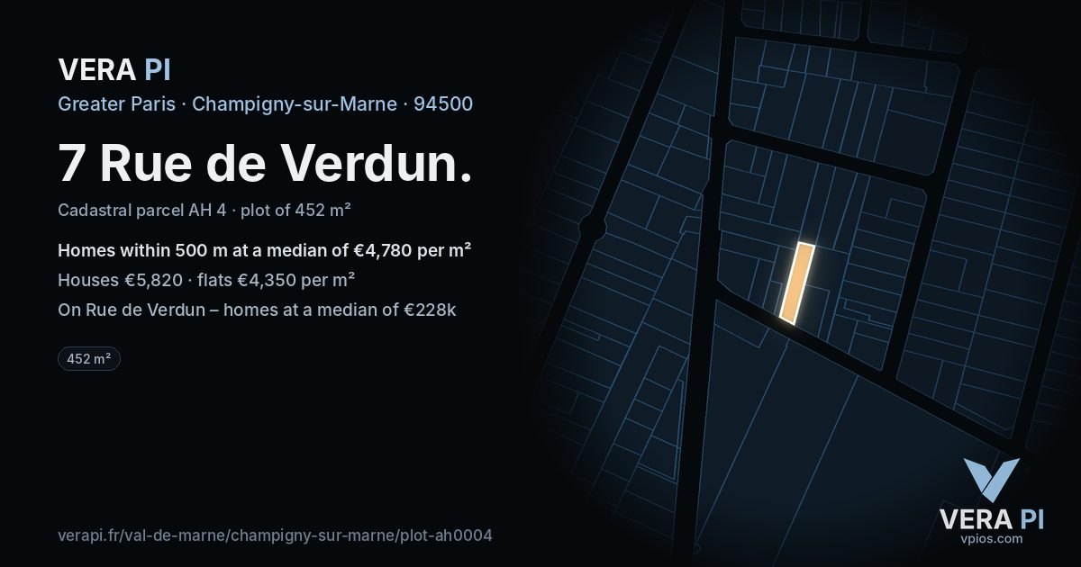 7 Rue de Verdun, Champigny-sur-Marne at night – the plot lit, the parcels around coloured by the prices near them