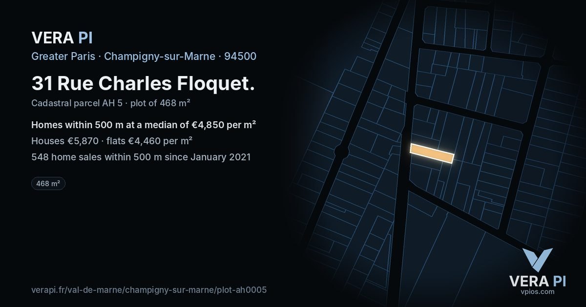 31 Rue Charles Floquet, Champigny-sur-Marne at night – the plot lit, the parcels around coloured by the prices near them