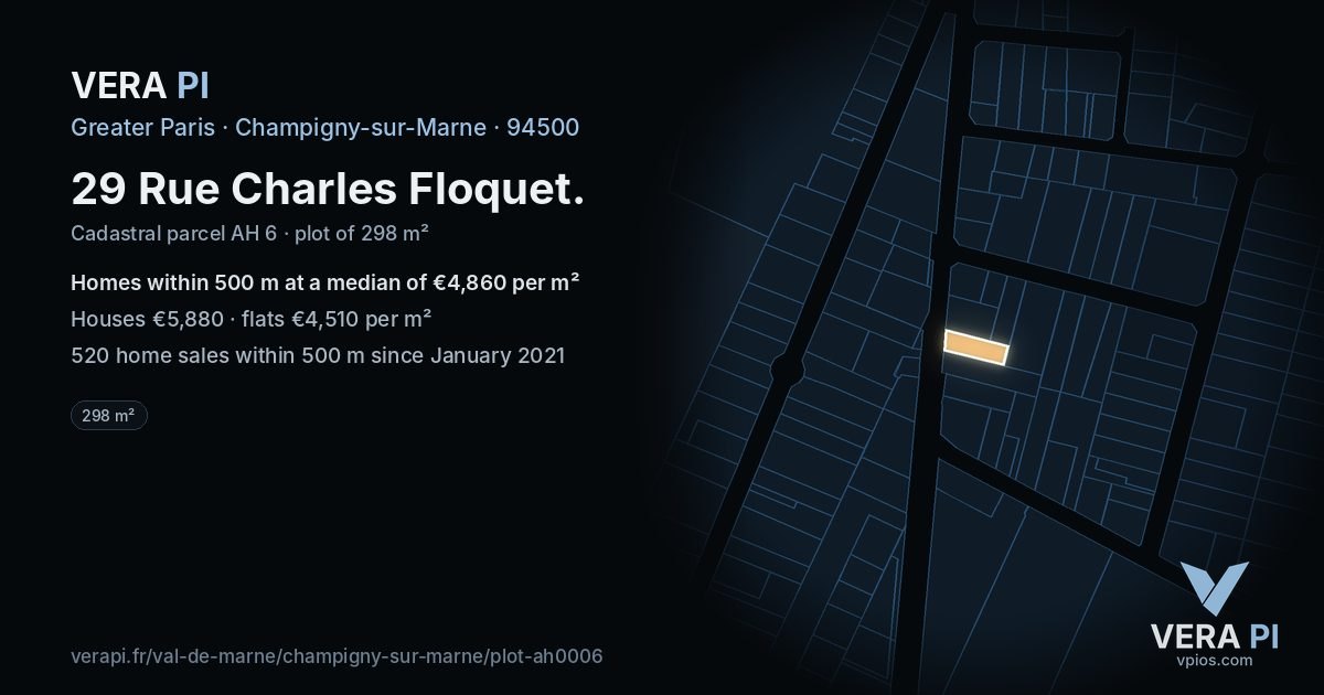 29 Rue Charles Floquet, Champigny-sur-Marne at night – the plot lit, the parcels around coloured by the prices near them