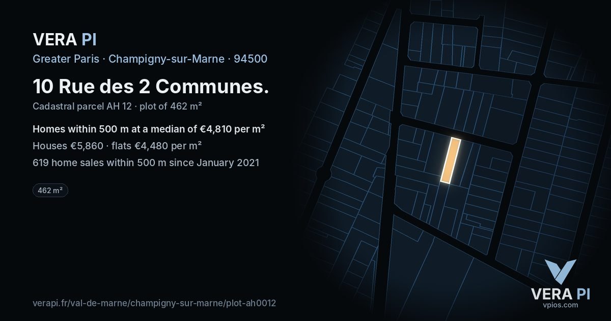 10 Rue des 2 Communes, Champigny-sur-Marne at night – the plot lit, the parcels around coloured by the prices near them
