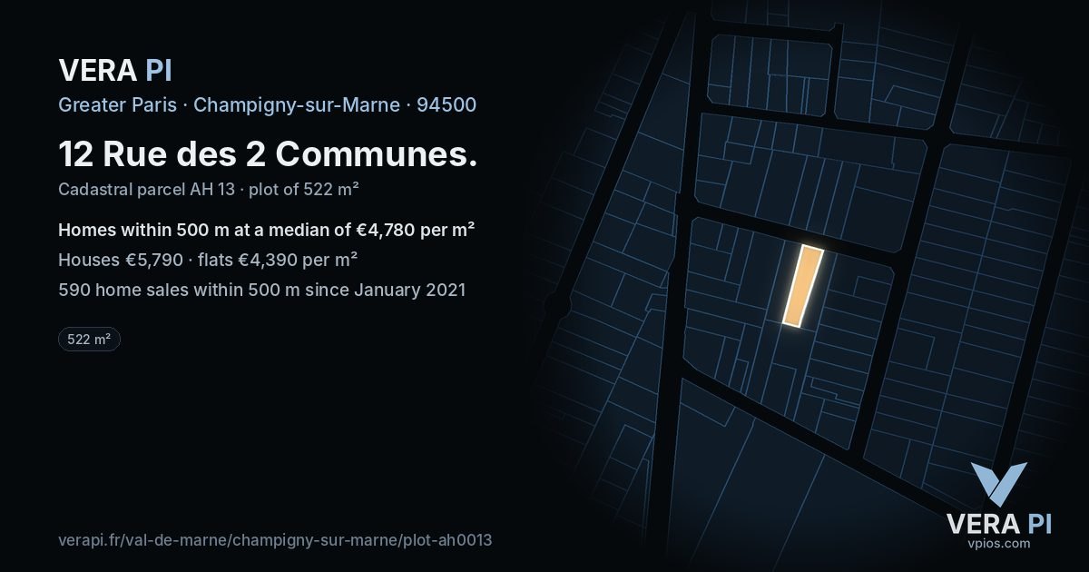 12 Rue des 2 Communes, Champigny-sur-Marne at night – the plot lit, the parcels around coloured by the prices near them