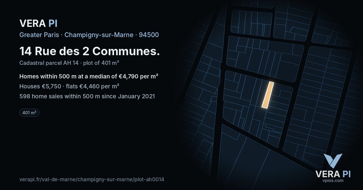 14 Rue des 2 Communes, Champigny-sur-Marne at night – the plot lit, the parcels around coloured by the prices near them