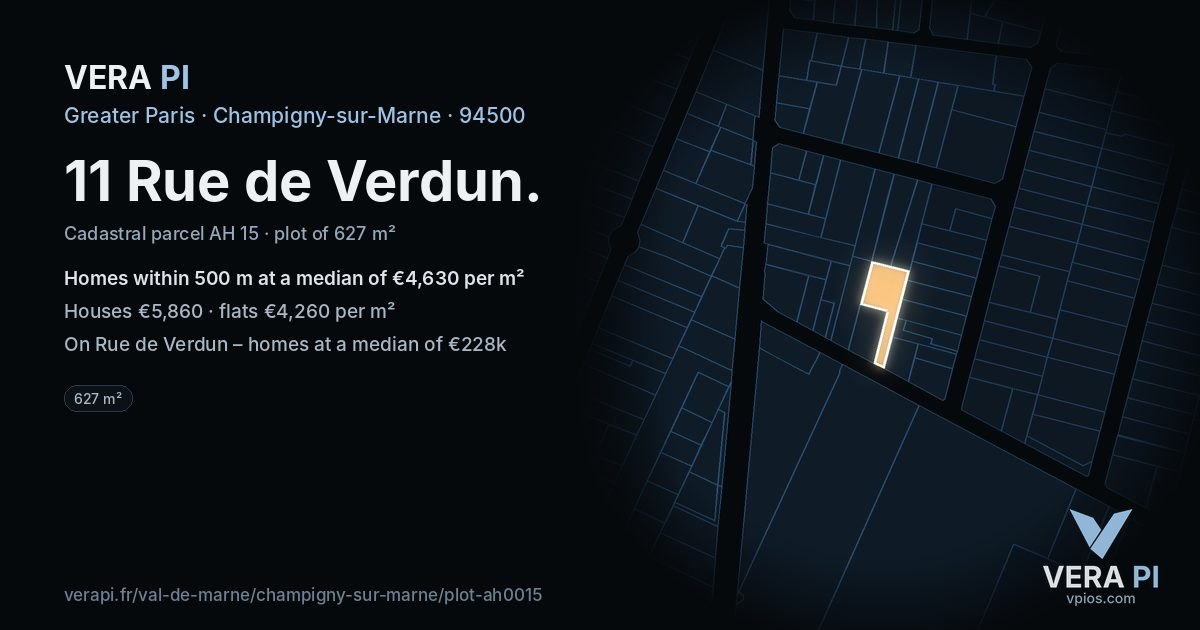 11 Rue de Verdun, Champigny-sur-Marne at night – the plot lit, the parcels around coloured by the prices near them