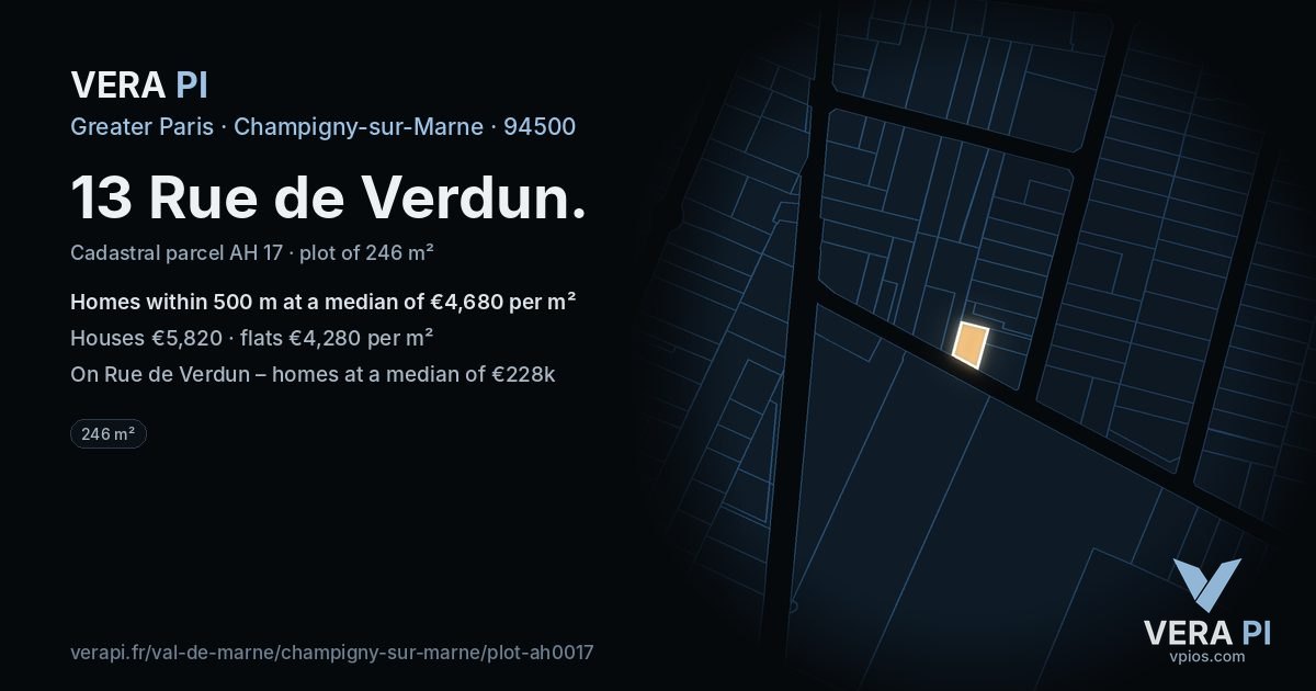 13 Rue de Verdun, Champigny-sur-Marne at night – the plot lit, the parcels around coloured by the prices near them