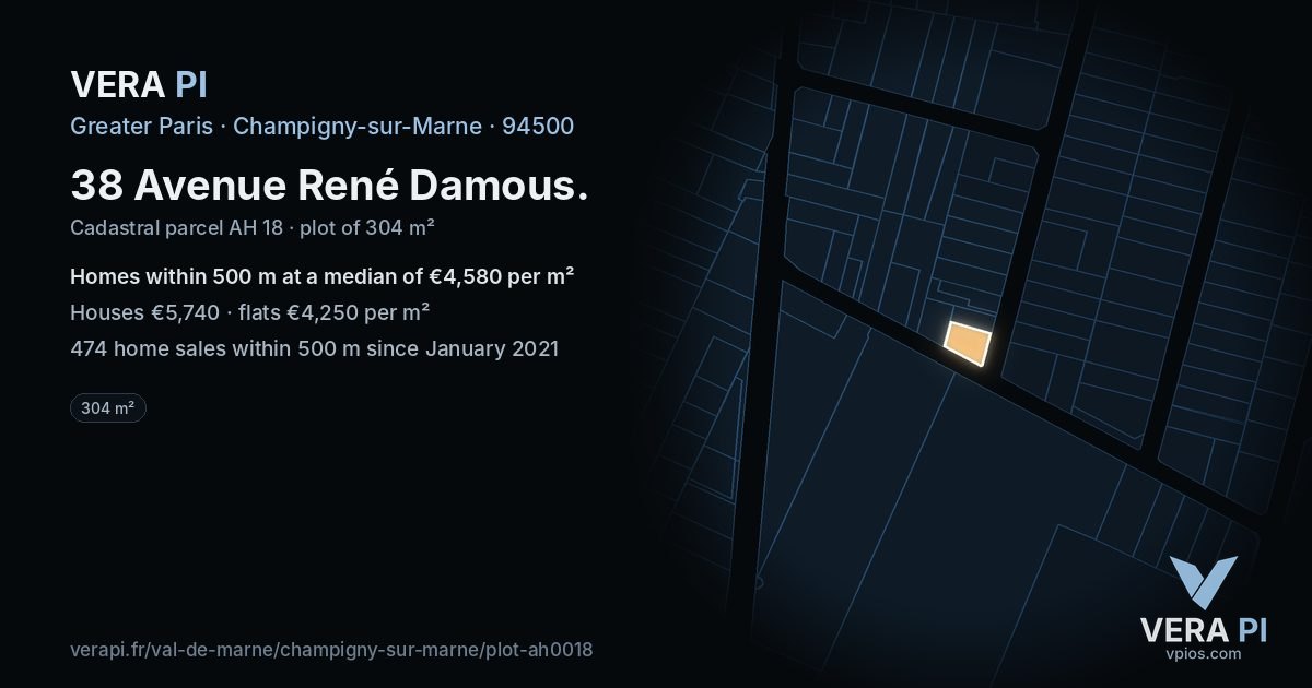 38 Avenue René Damous, Champigny-sur-Marne at night – the plot lit, the parcels around coloured by the prices near them
