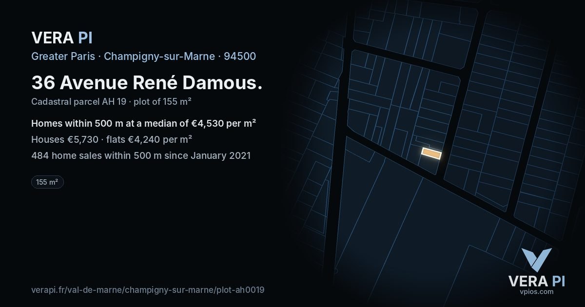 36 Avenue René Damous, Champigny-sur-Marne at night – the plot lit, the parcels around coloured by the prices near them