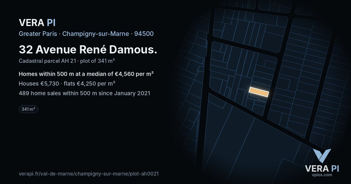 32 Avenue René Damous, Champigny-sur-Marne at night – the plot lit, the parcels around coloured by the prices near them