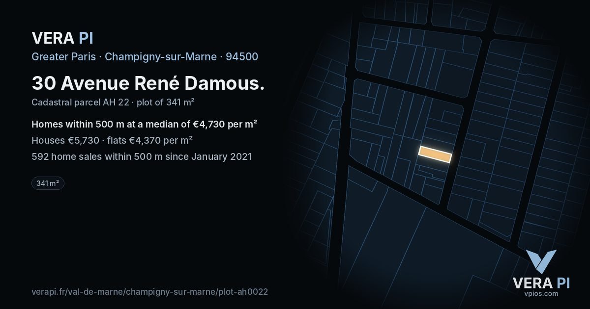 30 Avenue René Damous, Champigny-sur-Marne at night – the plot lit, the parcels around coloured by the prices near them