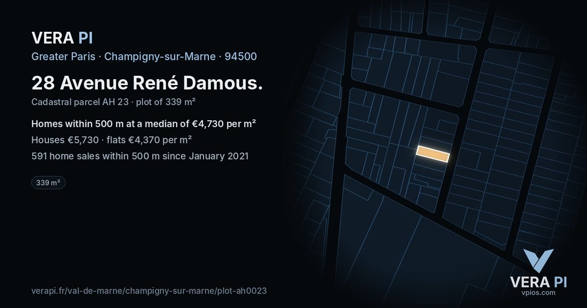 28 Avenue René Damous, Champigny-sur-Marne at night – the plot lit, the parcels around coloured by the prices near them