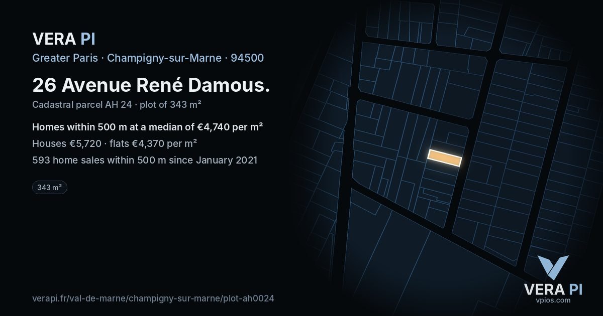 26 Avenue René Damous, Champigny-sur-Marne at night – the plot lit, the parcels around coloured by the prices near them