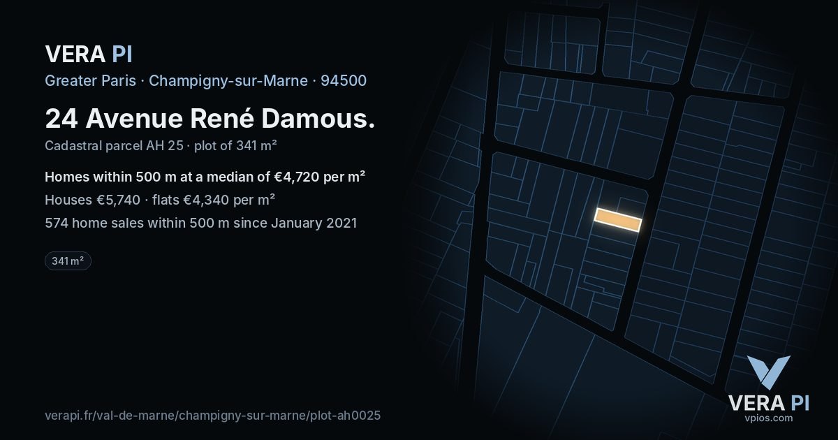24 Avenue René Damous, Champigny-sur-Marne at night – the plot lit, the parcels around coloured by the prices near them