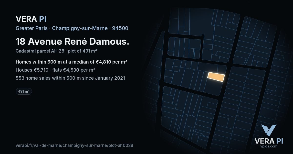18 Avenue René Damous, Champigny-sur-Marne at night – the plot lit, the parcels around coloured by the prices near them
