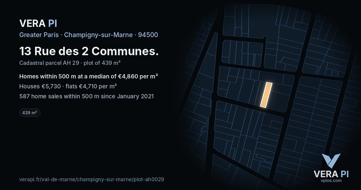 13 Rue des 2 Communes, Champigny-sur-Marne at night – the plot lit, the parcels around coloured by the prices near them