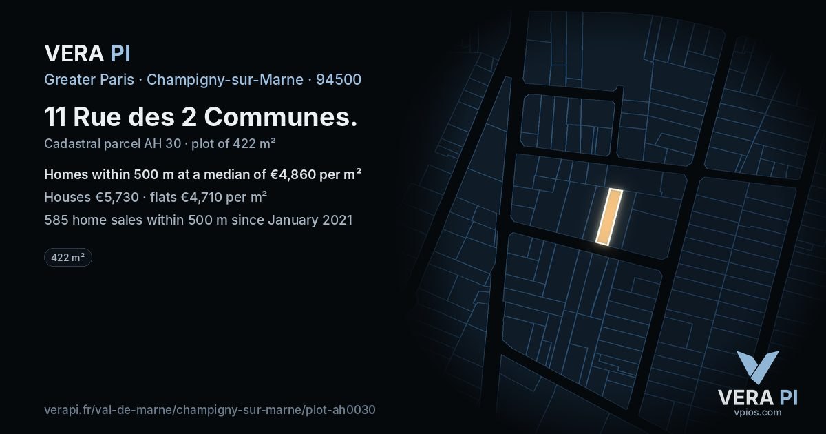 11 Rue des 2 Communes, Champigny-sur-Marne at night – the plot lit, the parcels around coloured by the prices near them