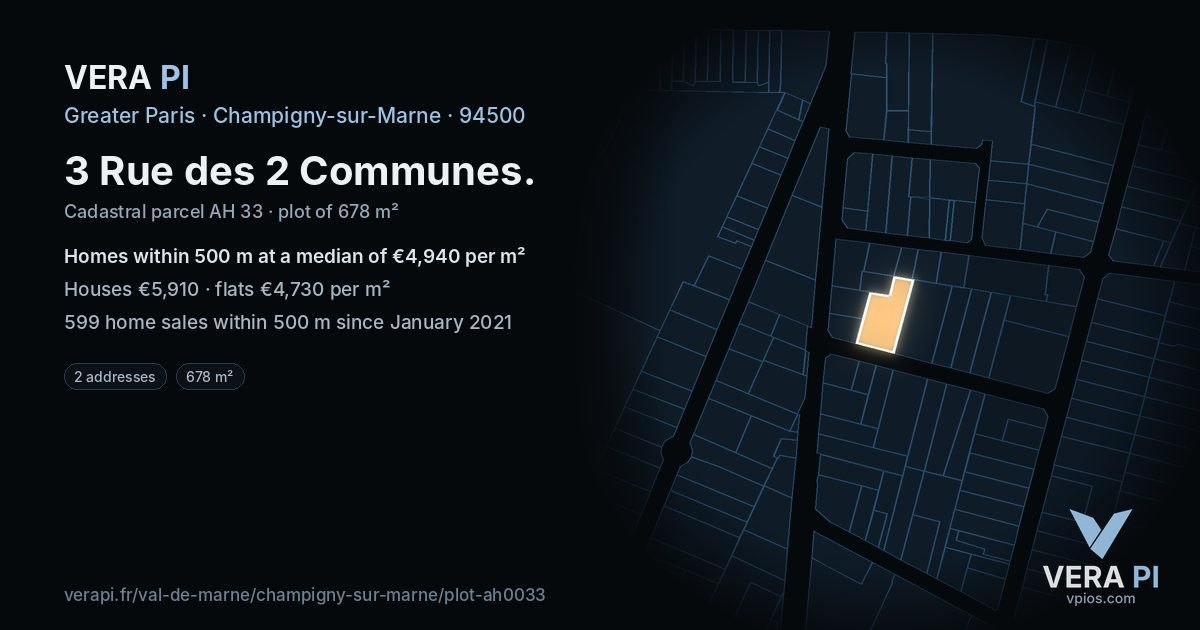 3 Rue des 2 Communes, Champigny-sur-Marne at night – the plot lit, the parcels around coloured by the prices near them