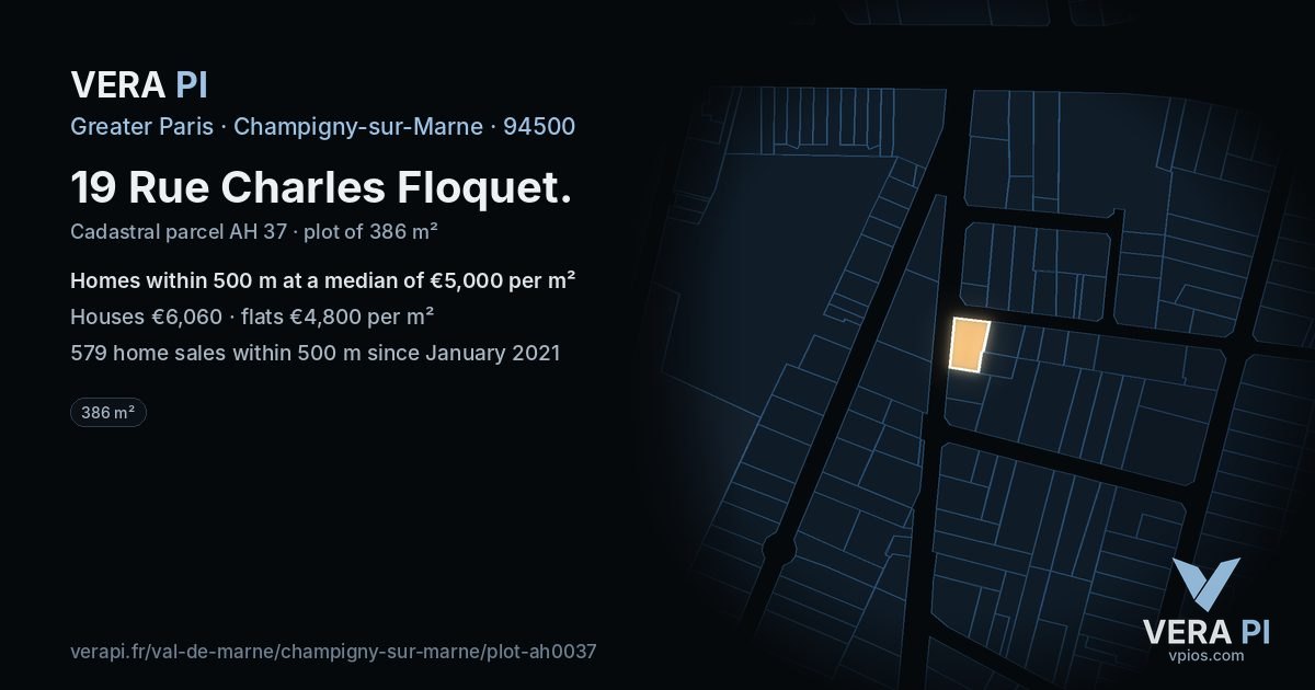 19 Rue Charles Floquet, Champigny-sur-Marne at night – the plot lit, the parcels around coloured by the prices near them