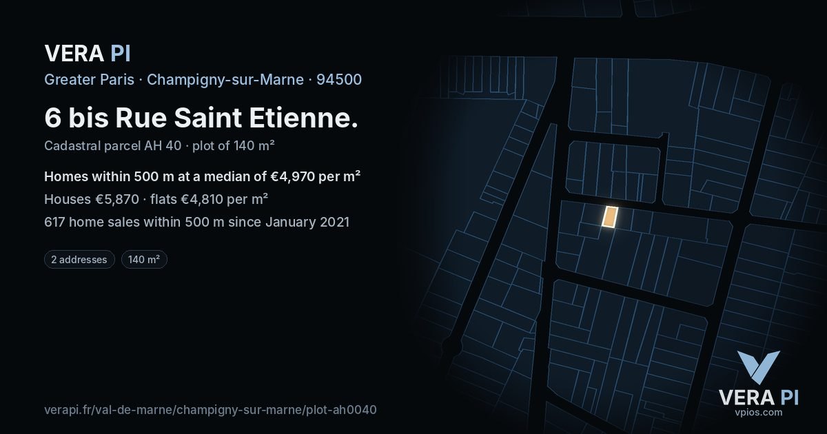 6 bis Rue Saint Etienne, Champigny-sur-Marne at night – the plot lit, the parcels around coloured by the prices near them