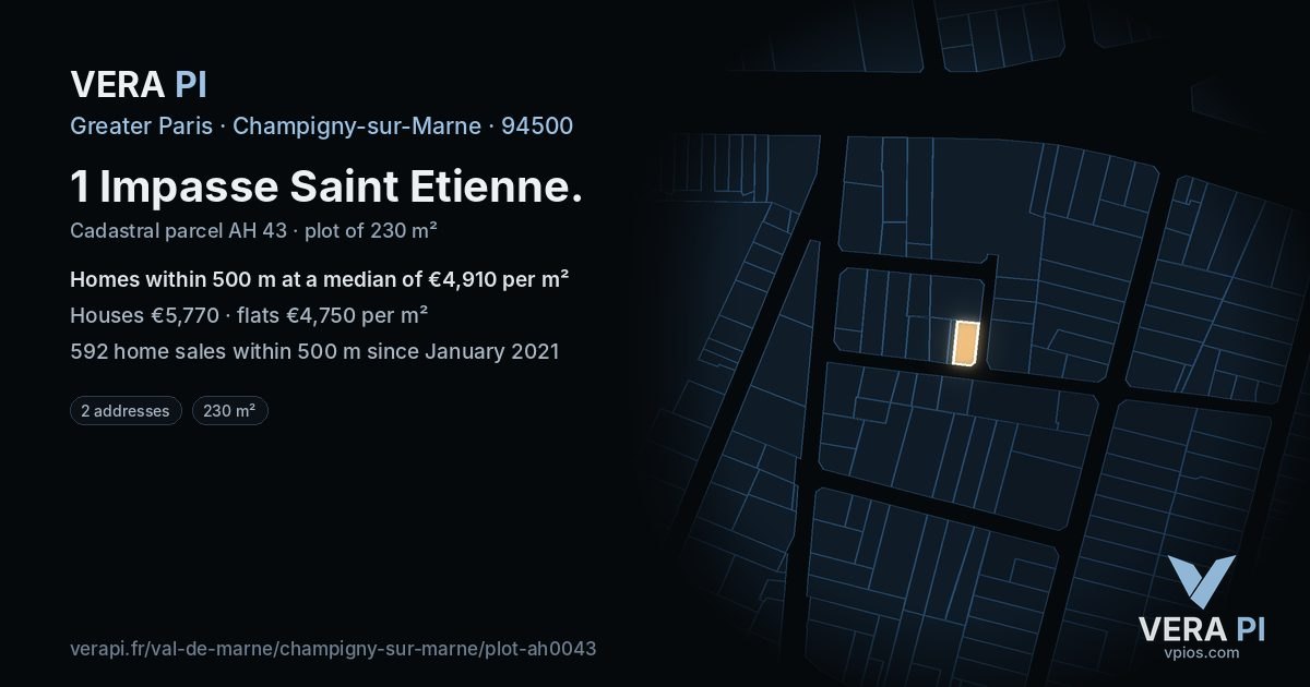 1 Impasse Saint Etienne, Champigny-sur-Marne at night – the plot lit, the parcels around coloured by the prices near them