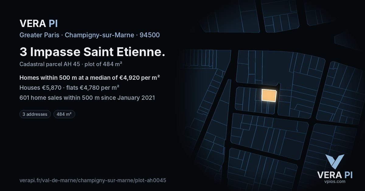 3 Impasse Saint Etienne, Champigny-sur-Marne at night – the plot lit, the parcels around coloured by the prices near them