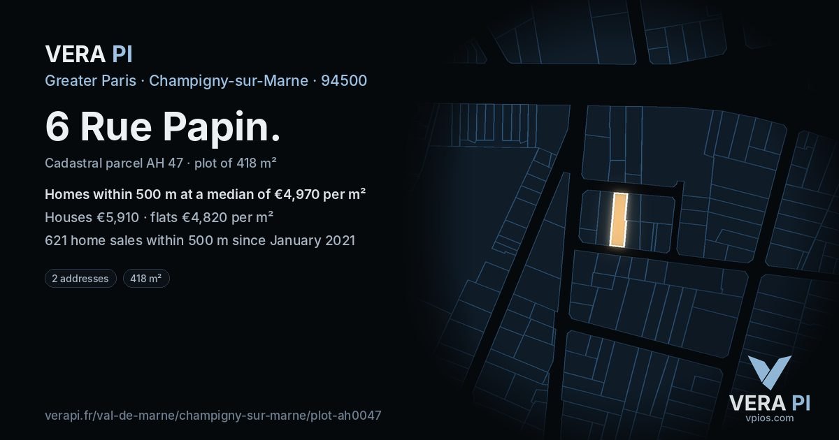 6 Rue Papin, Champigny-sur-Marne at night – the plot lit, the parcels around coloured by the prices near them