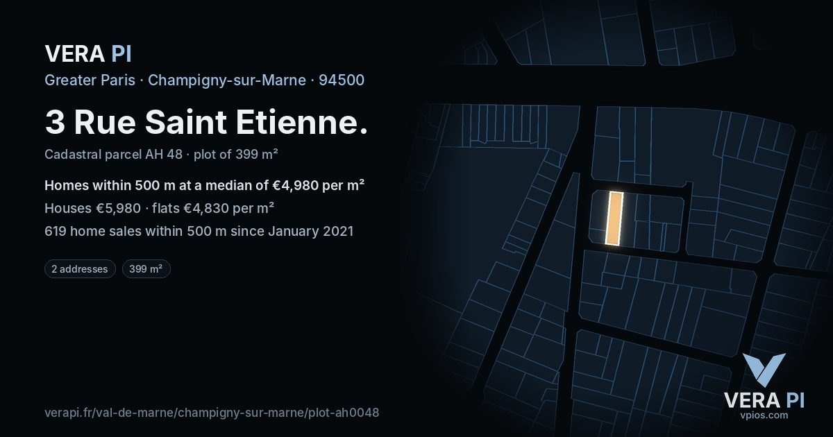 3 Rue Saint Etienne, Champigny-sur-Marne at night – the plot lit, the parcels around coloured by the prices near them