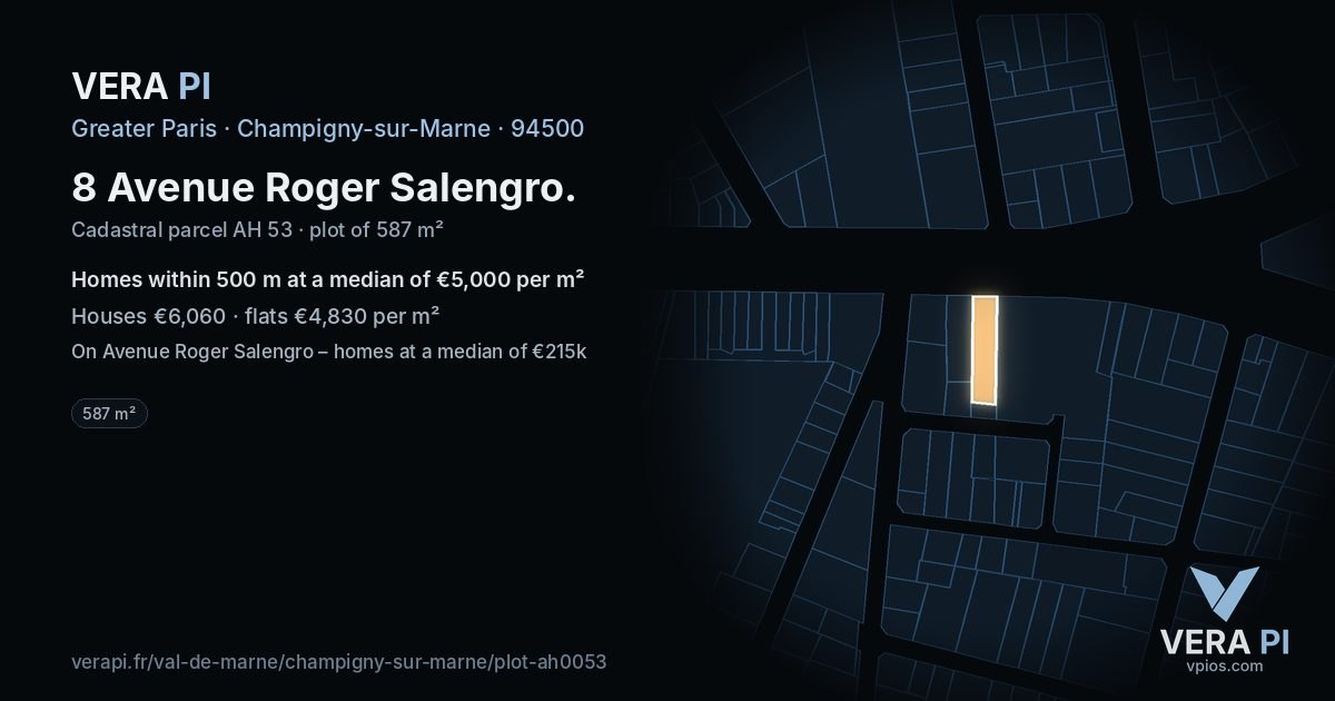 8 Avenue Roger Salengro, Champigny-sur-Marne at night – the plot lit, the parcels around coloured by the prices near them